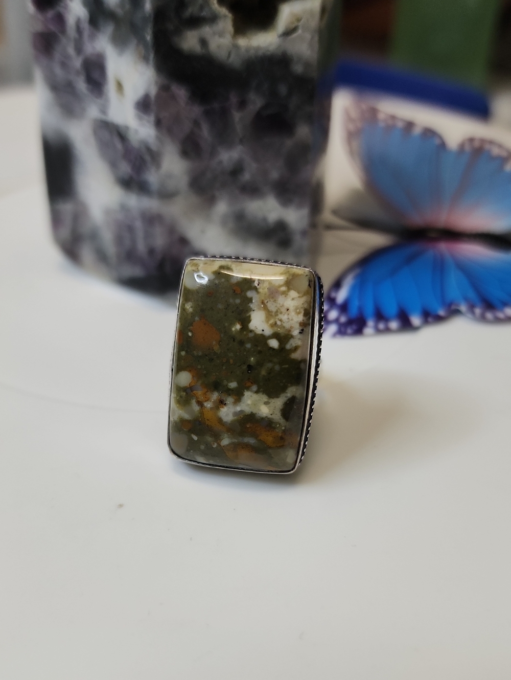 Handcrafted Green and Brown Jasper Rectangular Statement Ring